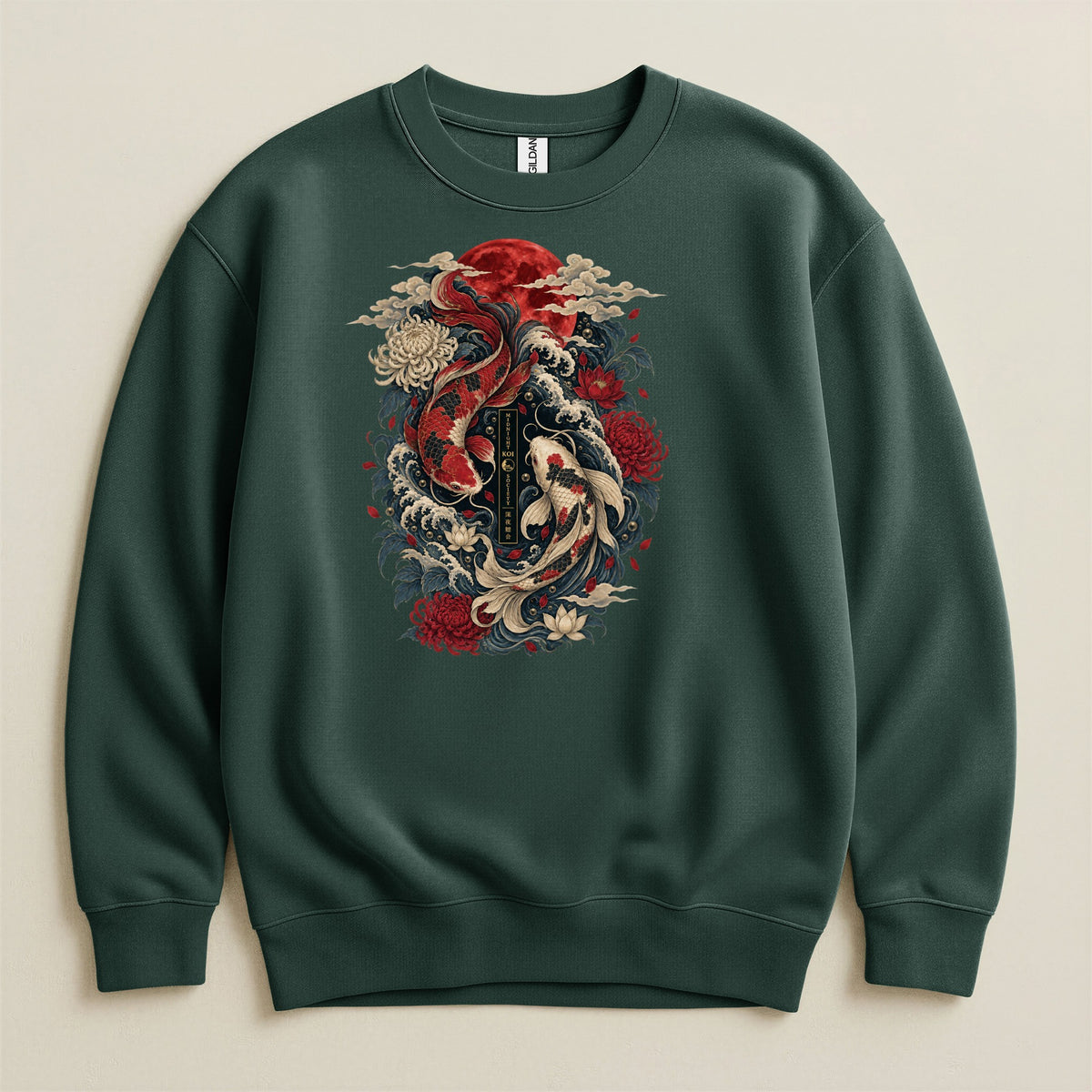 Green sweatshirt with two koi fish, red moon, flowers, and waves graphic.