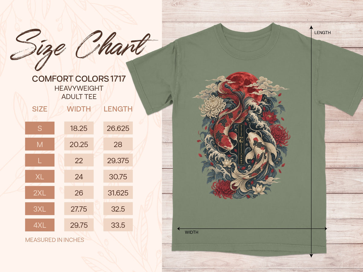 Comfort Colors 1717 heavyweight adult tee size chart with koi fish and moon graphic.