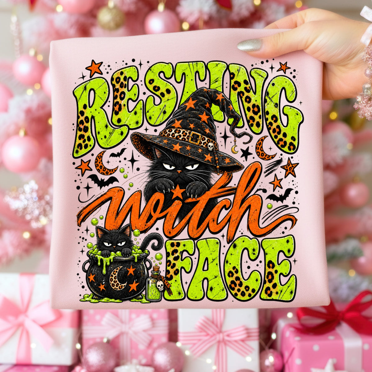 Black cats in witch hats and cauldrons say "Resting Witch Face."