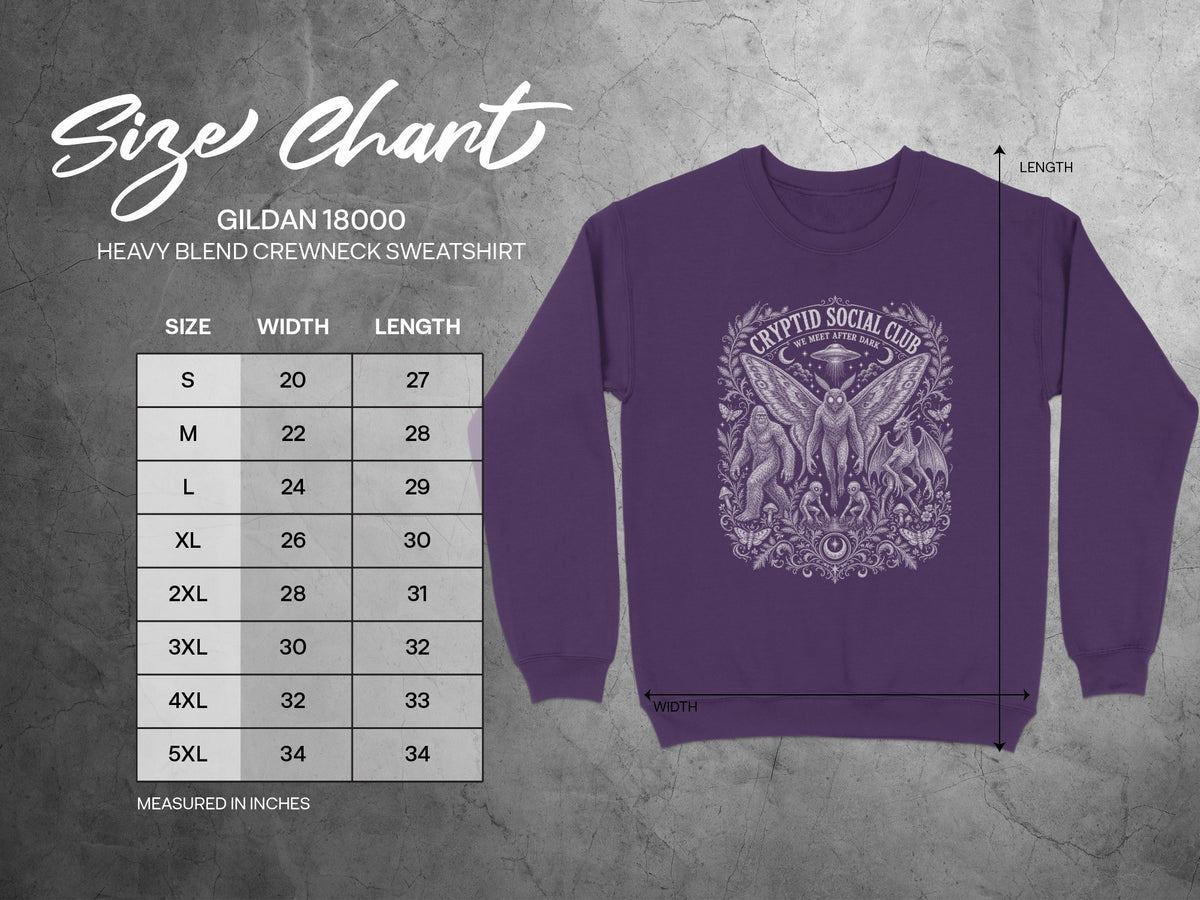 Gildan 18000 Heavy Blend Crewneck Sweatshirt size chart with width and length measurements.