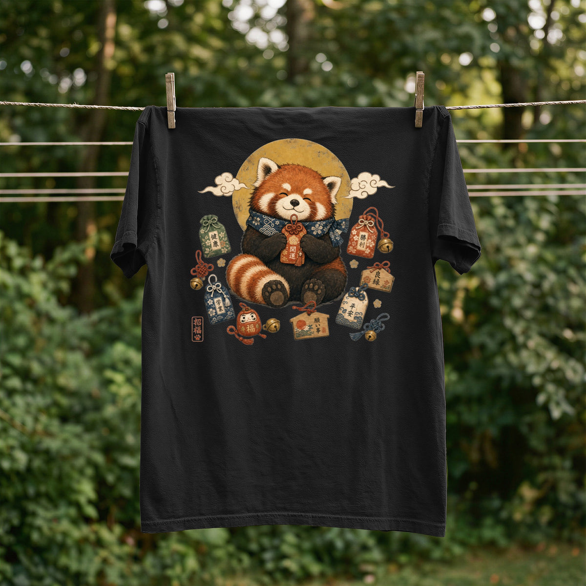 Black t-shirt with a red panda surrounded by Japanese good luck charms and symbols.