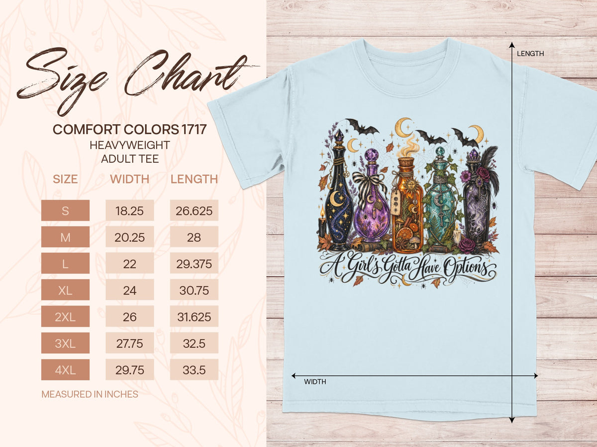 Comfort Colors 1717 heavyweight adult tee size chart with width and length measurements in inches.