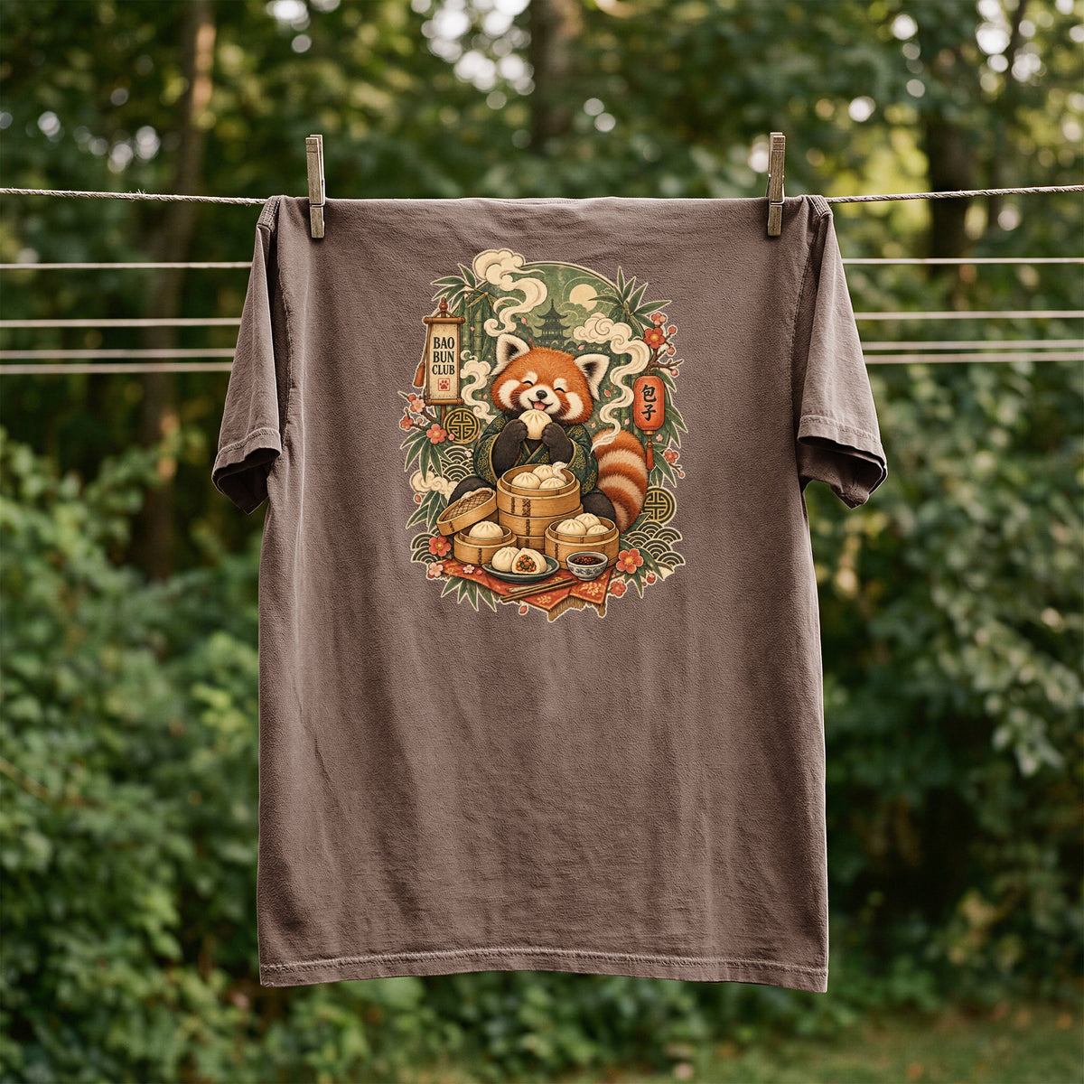 Brown t-shirt with a red panda eating bao buns and "Bao Bun Club" text.
