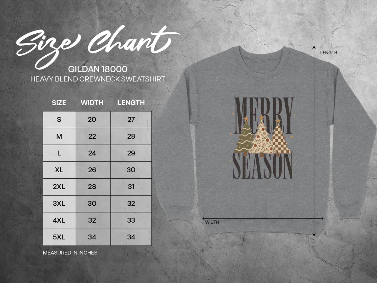 Gildan 18000 Heavy Blend sweatshirt size chart with width and length measurements in inches.