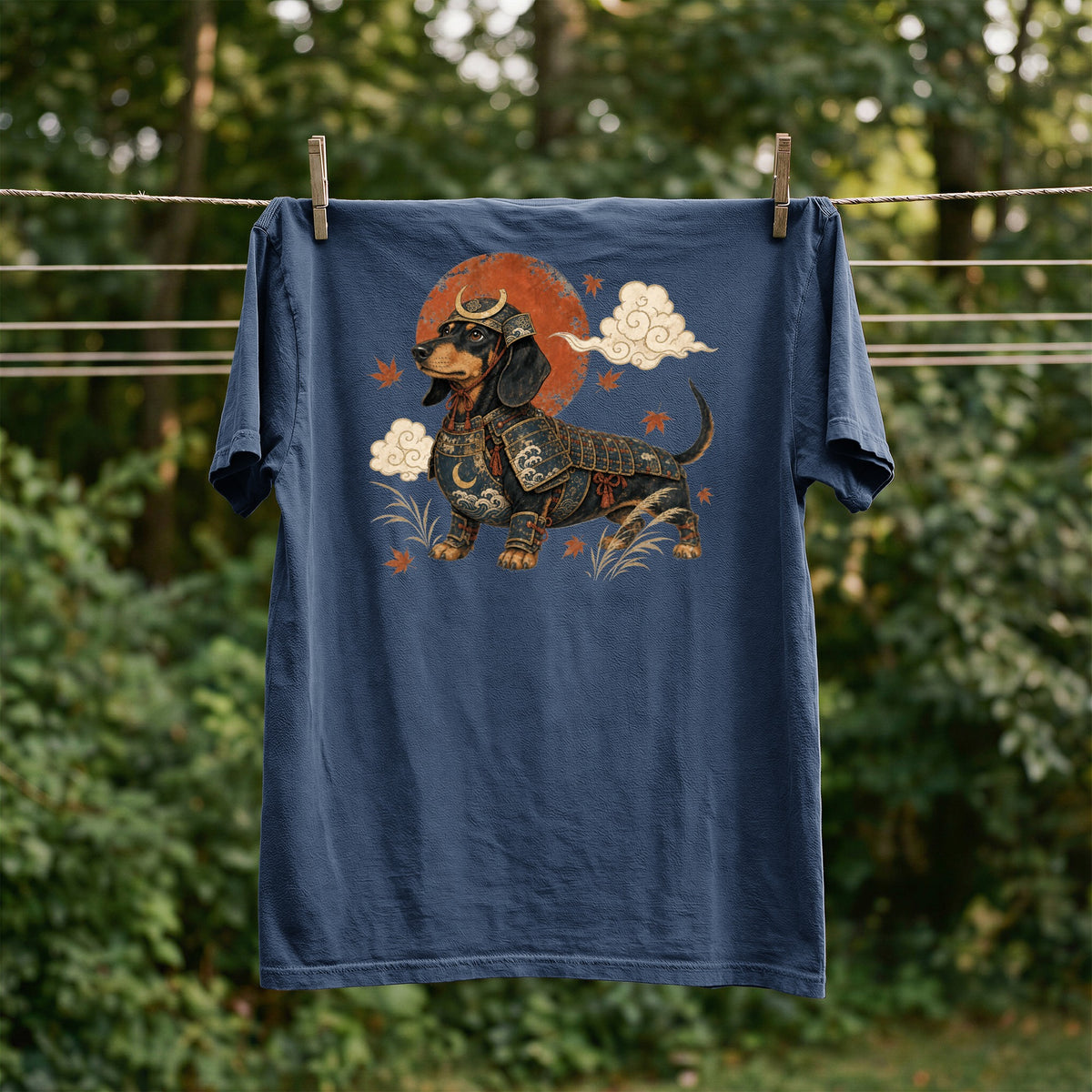 Dachshund in samurai armor with moon, clouds, and falling leaves on a navy t-shirt.