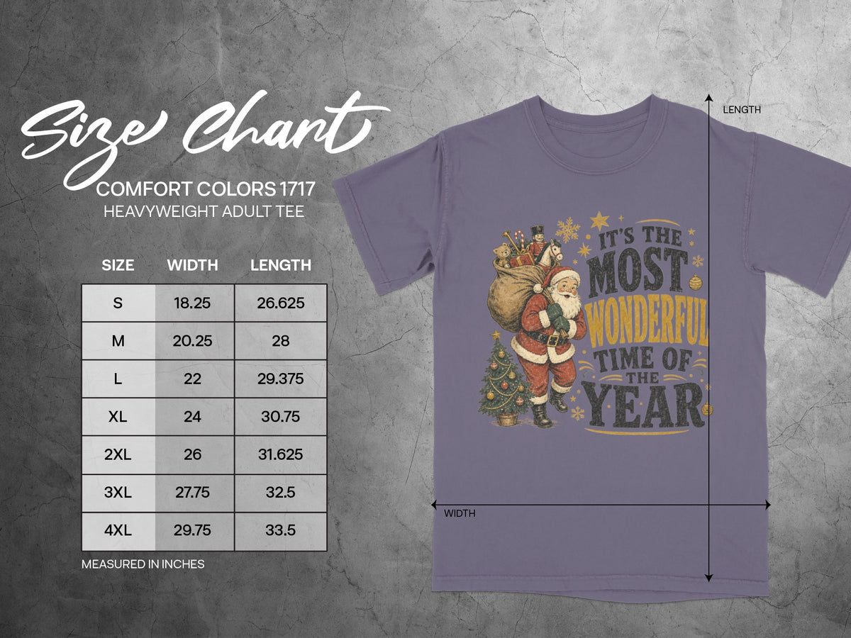 Comfort Colors 1717 heavyweight tee size chart with Santa graphic and "It's The Most Wonderful Time of the Year" text.
