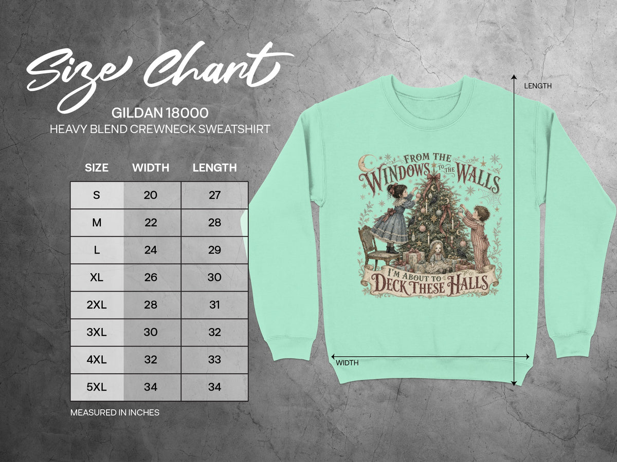 Gildan 18000 sweatshirt size chart showing width and length measurements in inches.