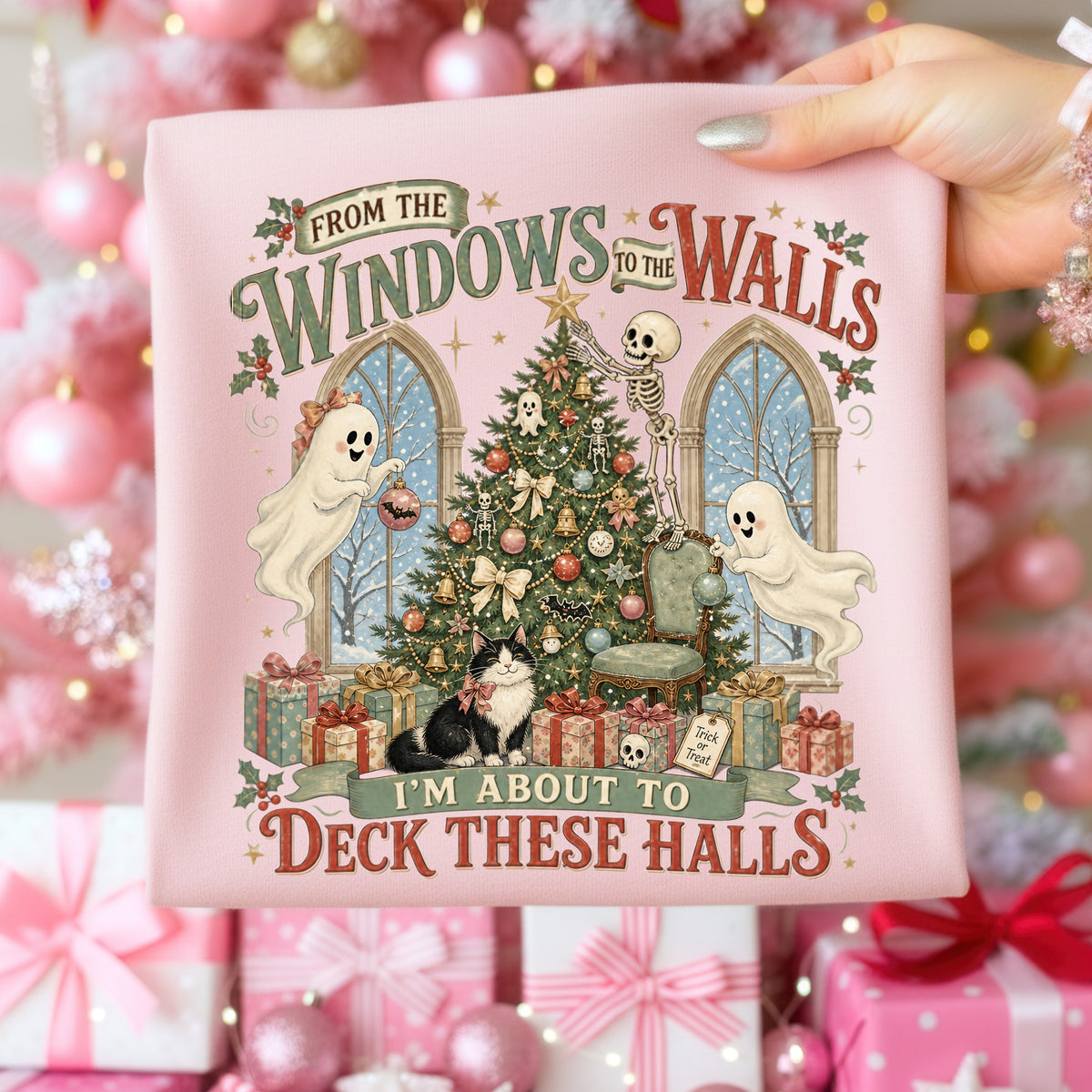 Halloween-themed Christmas graphic with ghosts, skeleton, cat, and text.