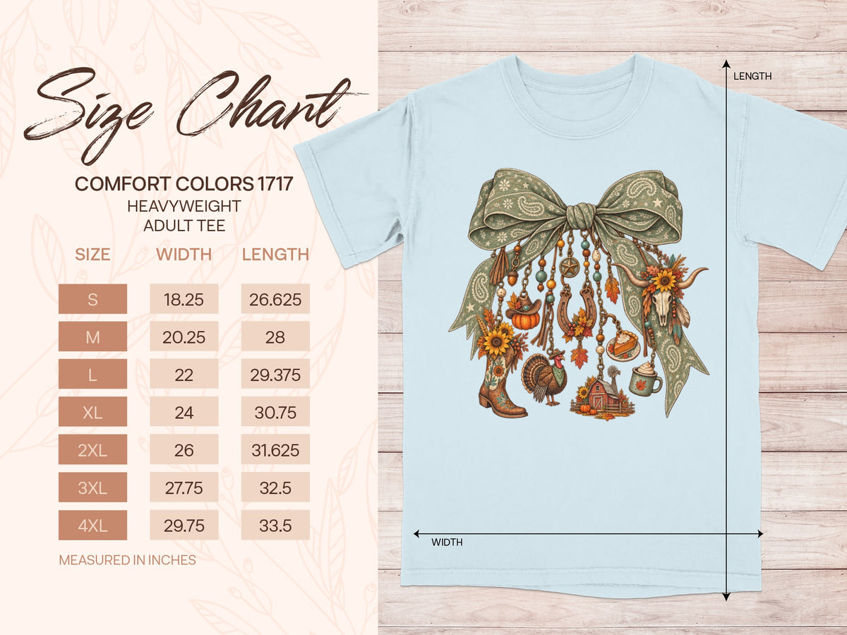 Comfort Colors 1717 adult tee size chart with width and length measurements in inches.
