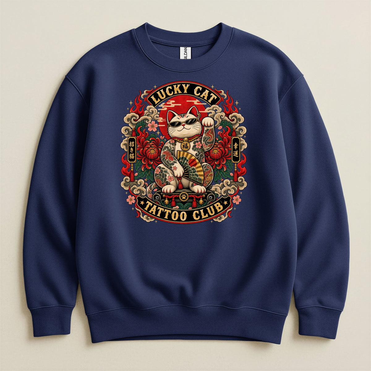 Navy sweatshirt with "Lucky Cat Tattoo Club" graphic featuring a tattooed cat.