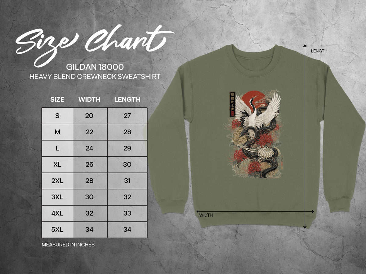Gildan 18000 sweatshirt size chart with Japanese dragon and crane art.