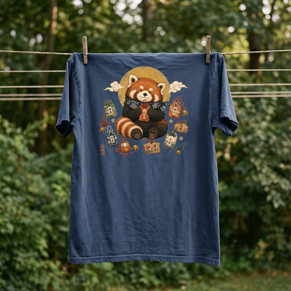 Dark blue t-shirt with a red panda surrounded by Japanese good luck charms.