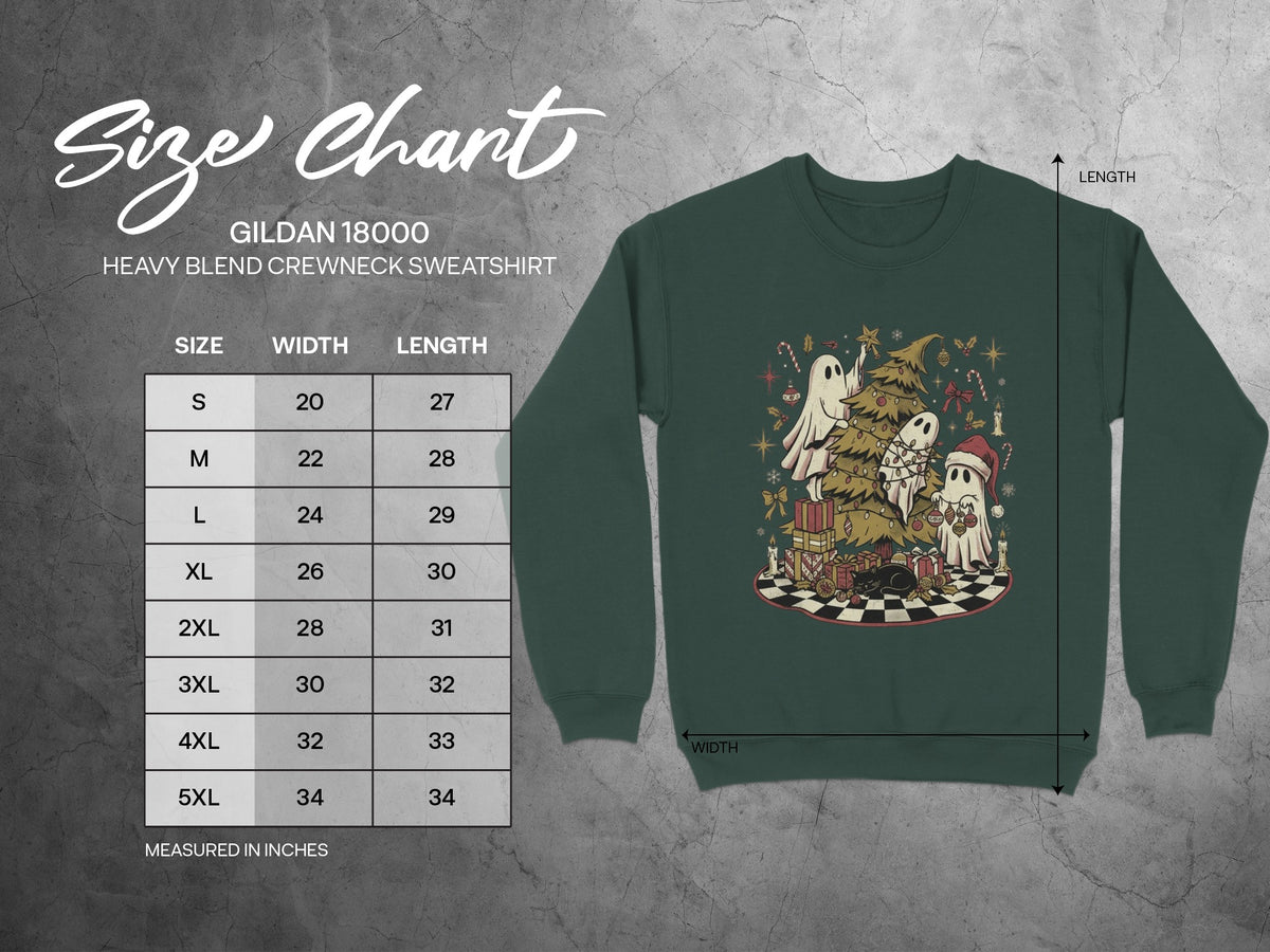 Gildan 18000 size chart for heavy blend crewneck sweatshirt with ghost Christmas graphic.