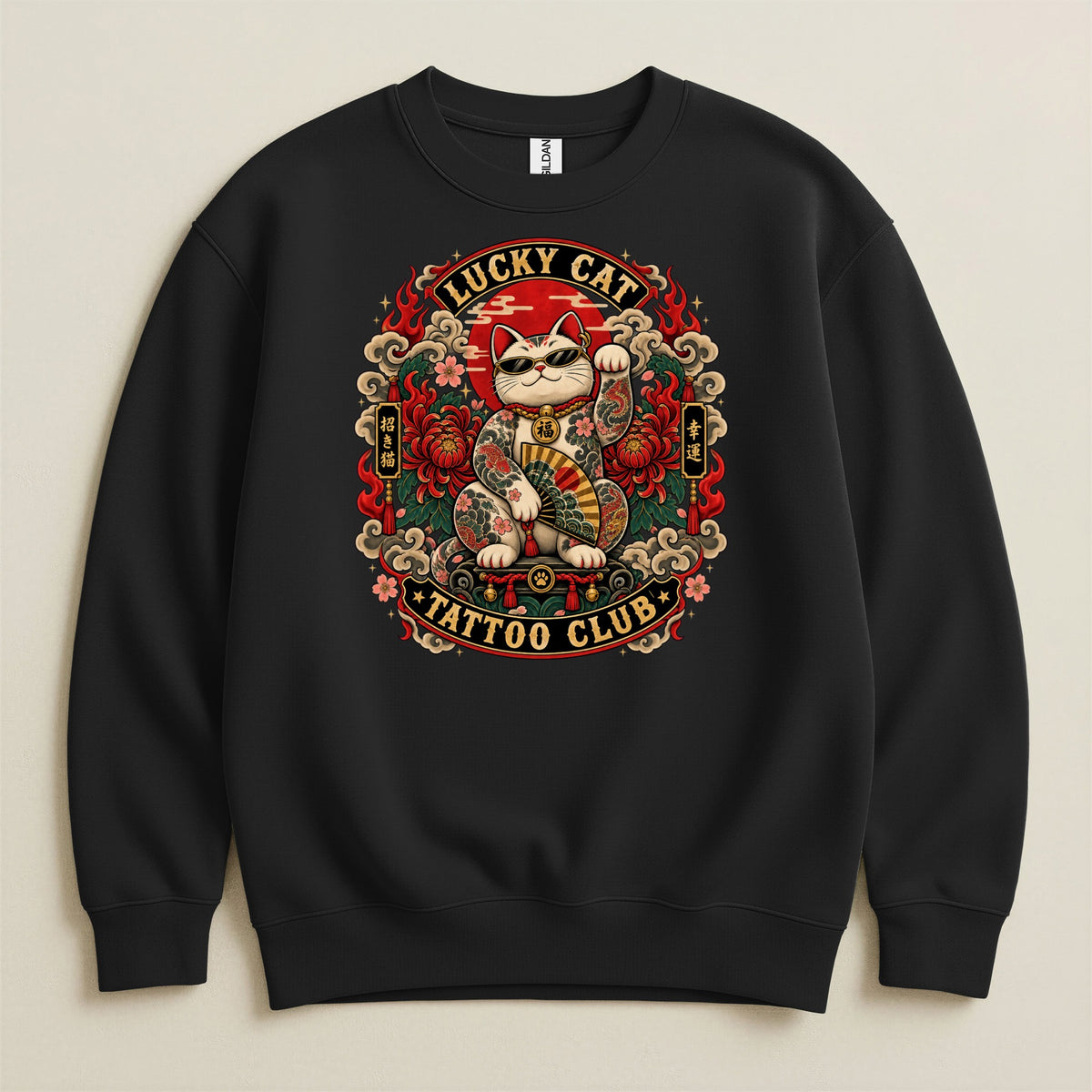 Black sweatshirt featuring a tattooed lucky cat with sunglasses and fan, "Lucky Cat Tattoo Club" text.