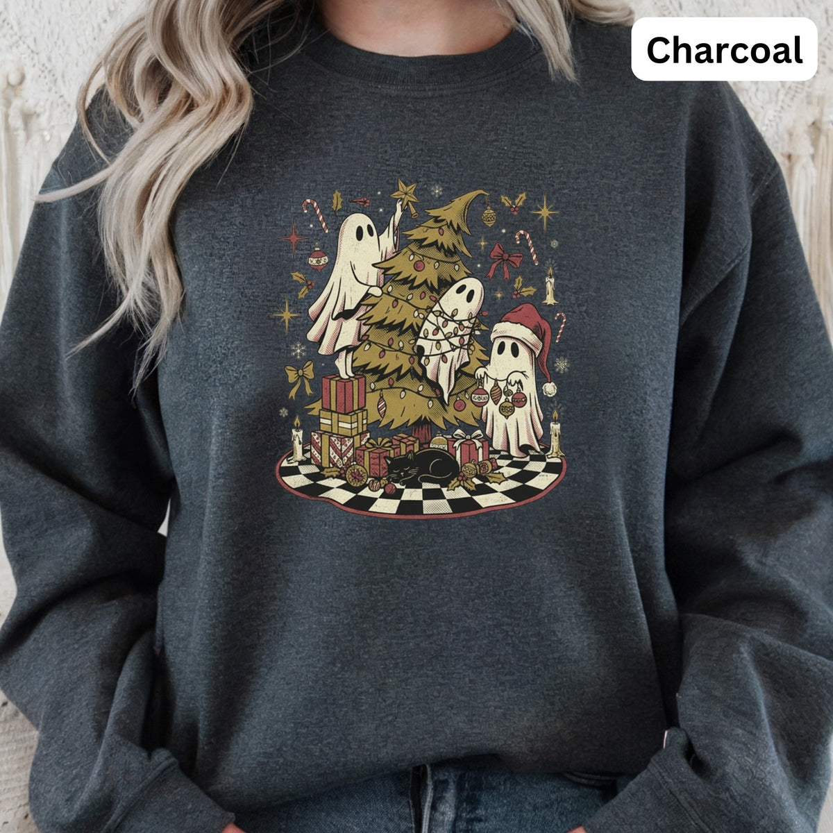 Ghost crewneck sweatshirt with Christmas tree, presents, cat, and festive decorations.