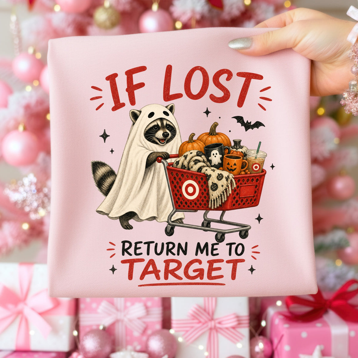 Raccoon in ghost costume pushing shopping cart with pumpkins and mugs, "If Lost Return Me To Target".