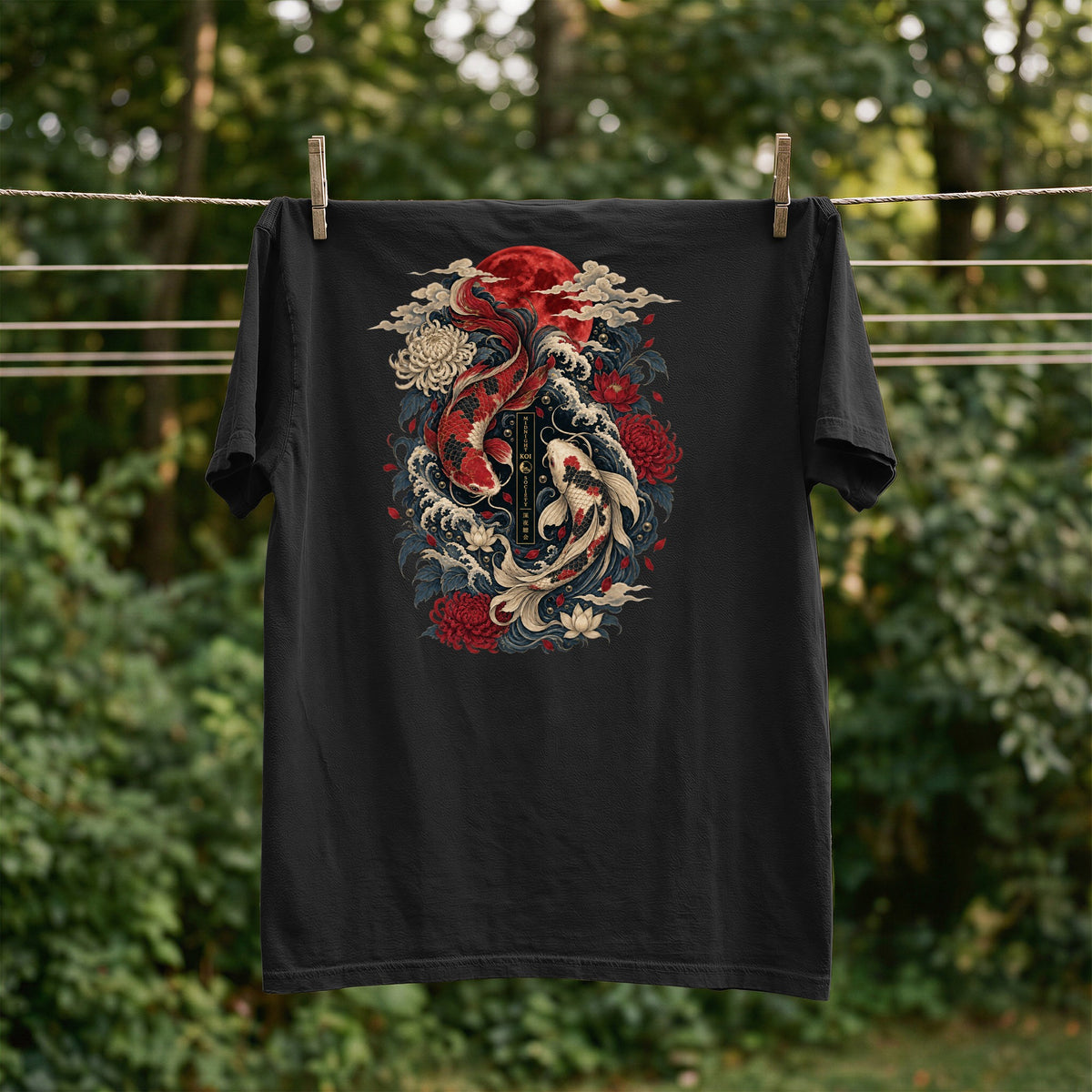 Black t-shirt with a red and white koi fish design and floral elements.