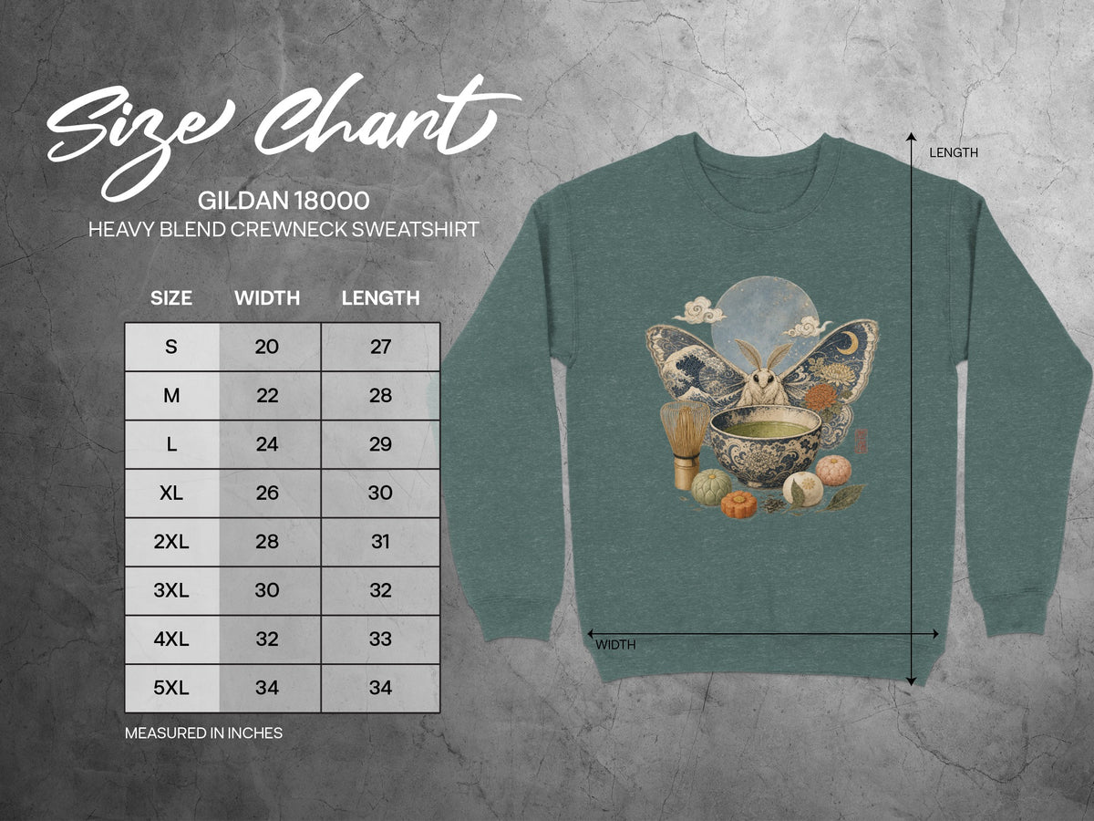 Gildan 18000 sweatshirt size chart featuring moth and tea ceremony design.