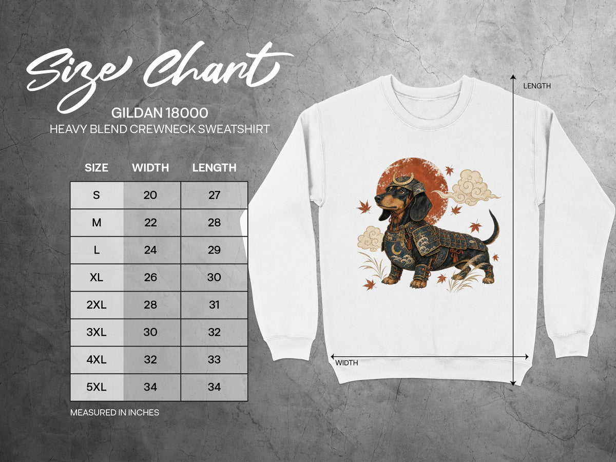 Gildan 18000 sweatshirt size chart with dachshund in samurai armor graphic.