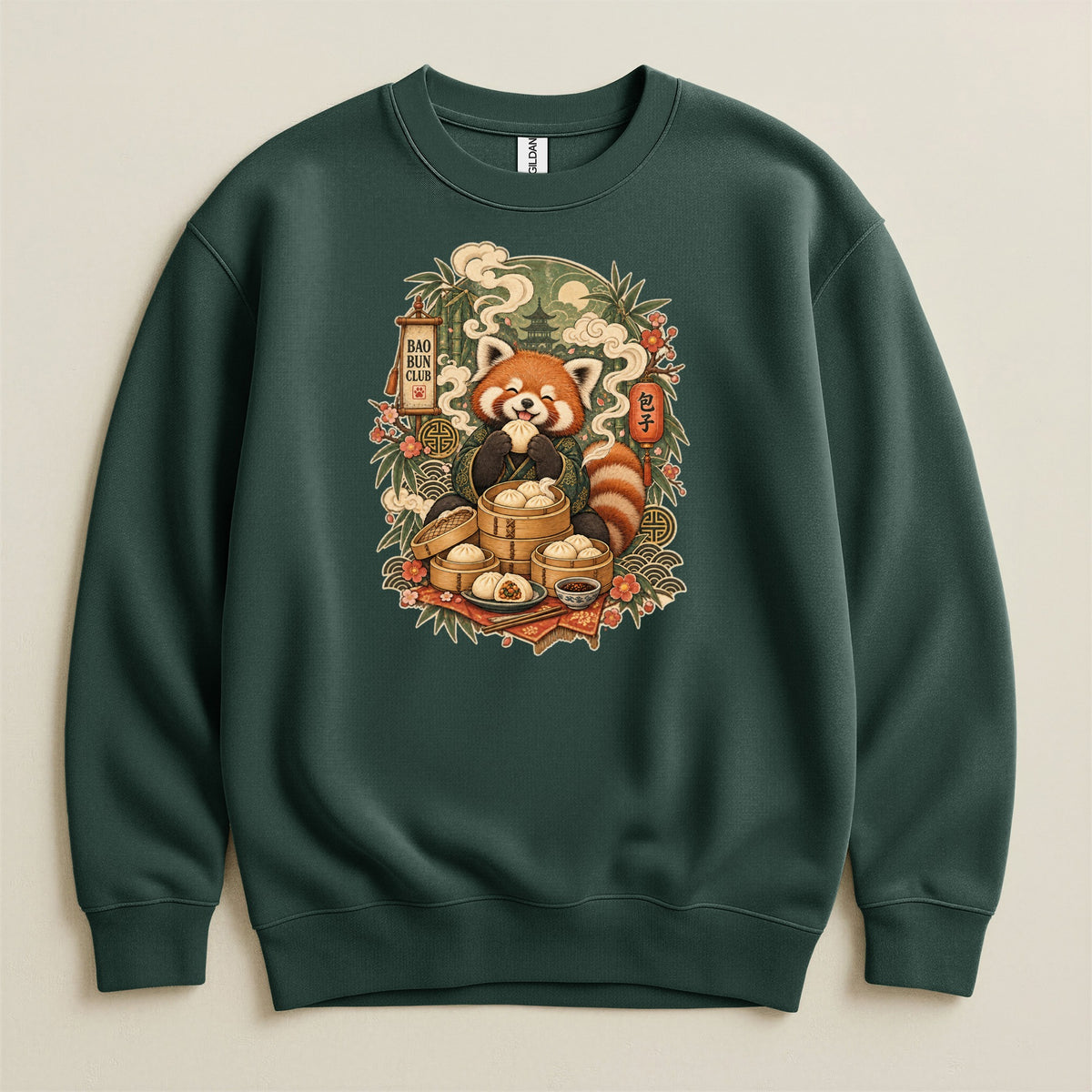 Green sweatshirt with a red panda eating bao buns, bamboo, and lanterns design.