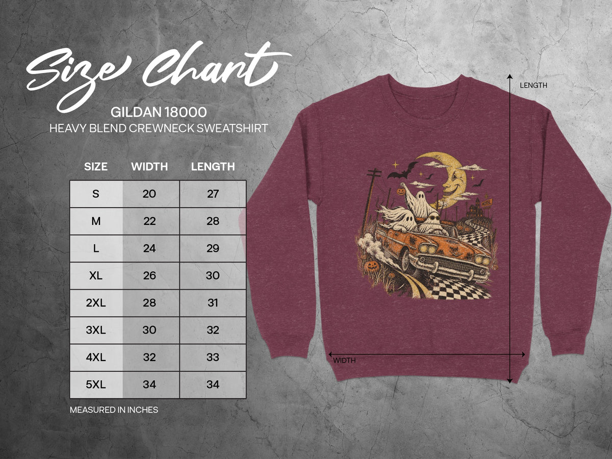 Gildan 18000 sweatshirt size chart with vintage ghost car Halloween graphic.