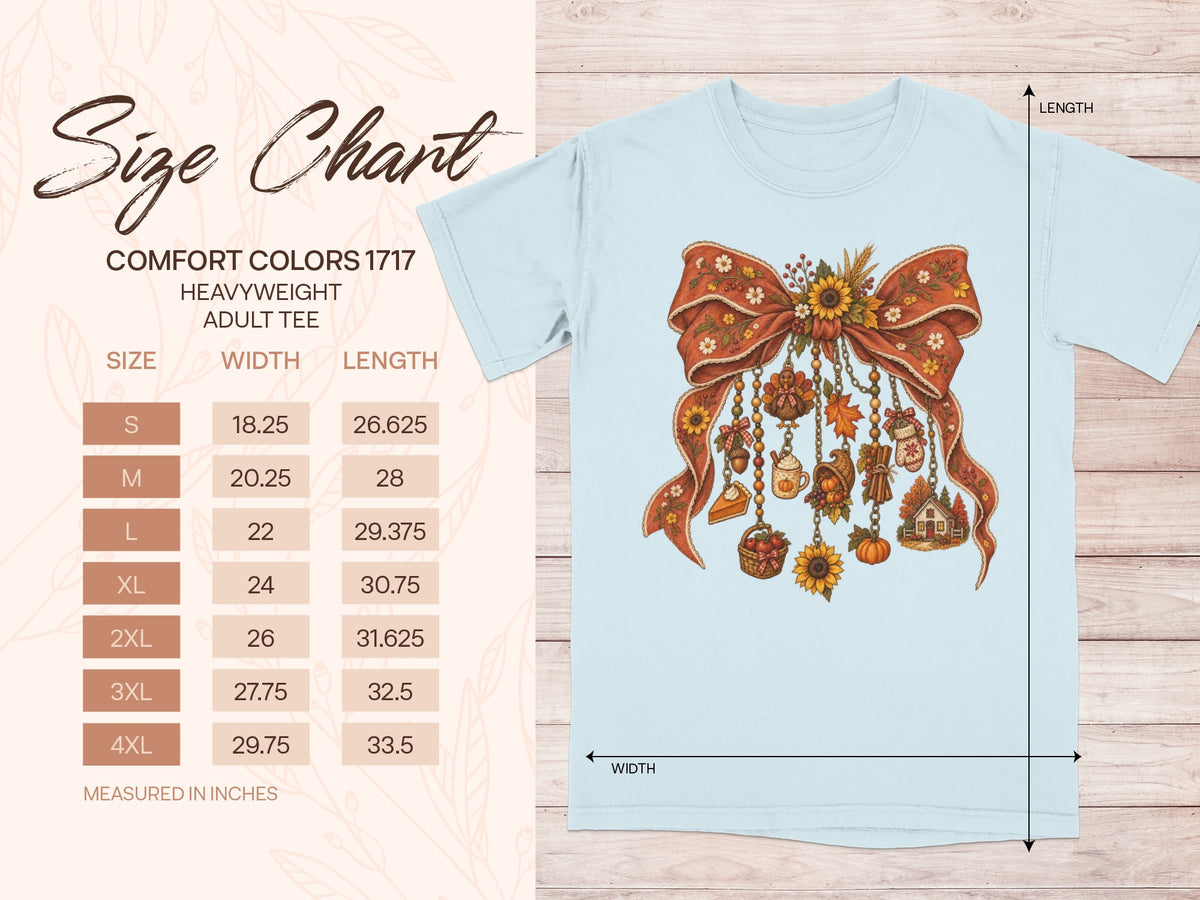 Size chart for Comfort Colors 1717 heavyweight adult tee, with size, width, and length measurements.