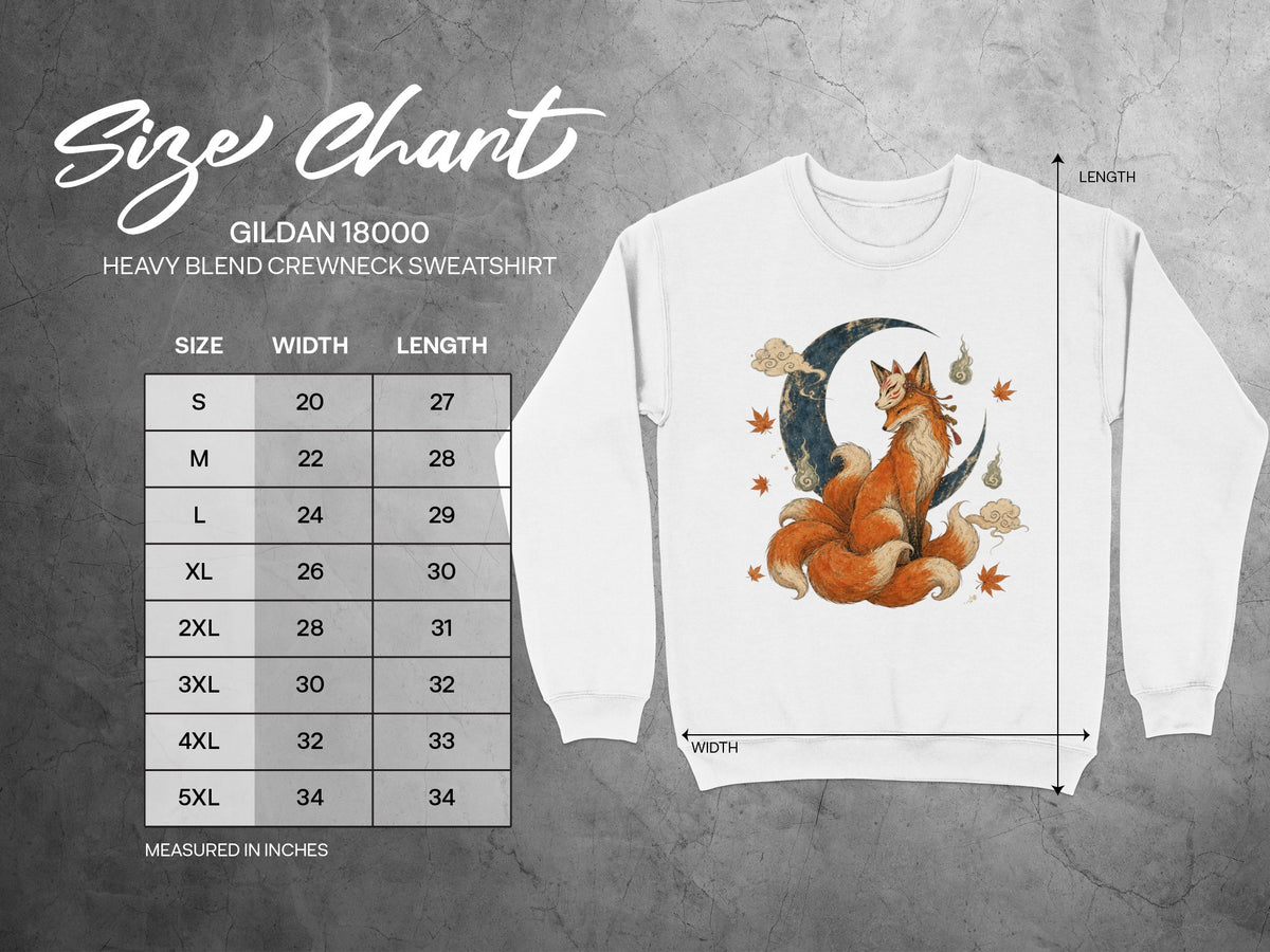 Gildan 18000 Heavy Blend crewneck sweatshirt size chart with measurements.