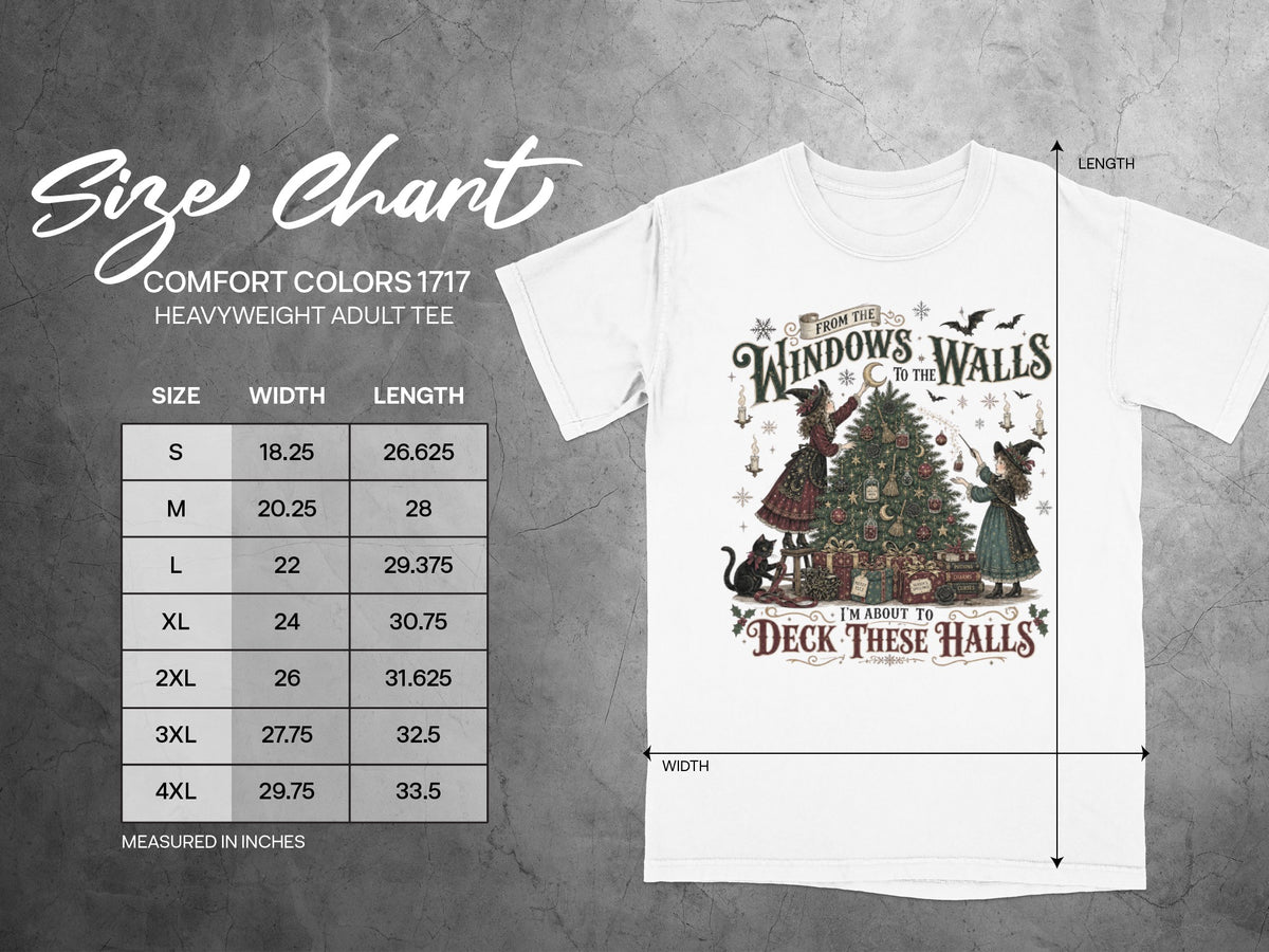 Size chart for a Comfort Colors 1717 heavyweight adult tee with graphic.