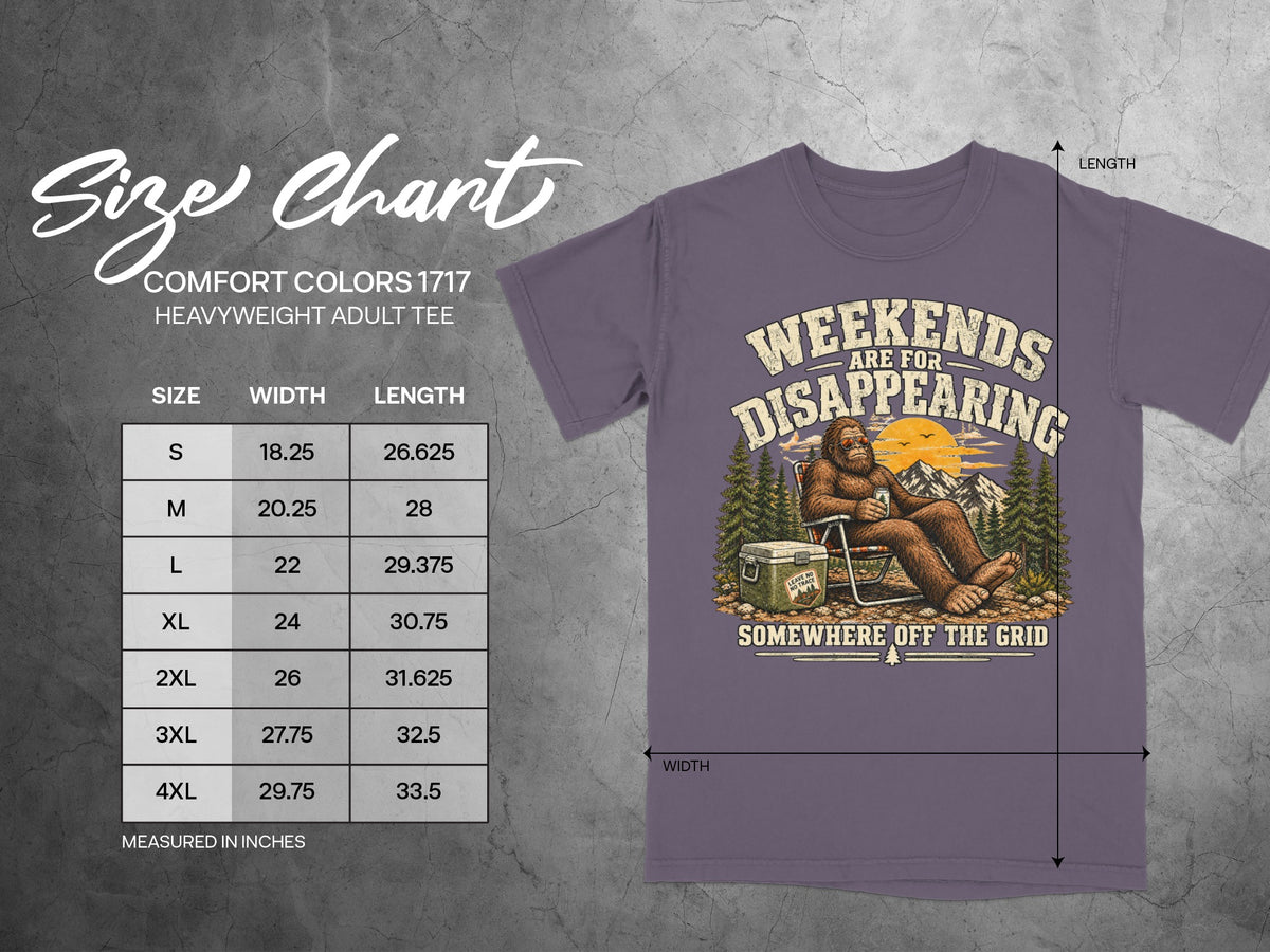 Size chart for Comfort Colors 1717 heavyweight adult tee with Bigfoot graphic.