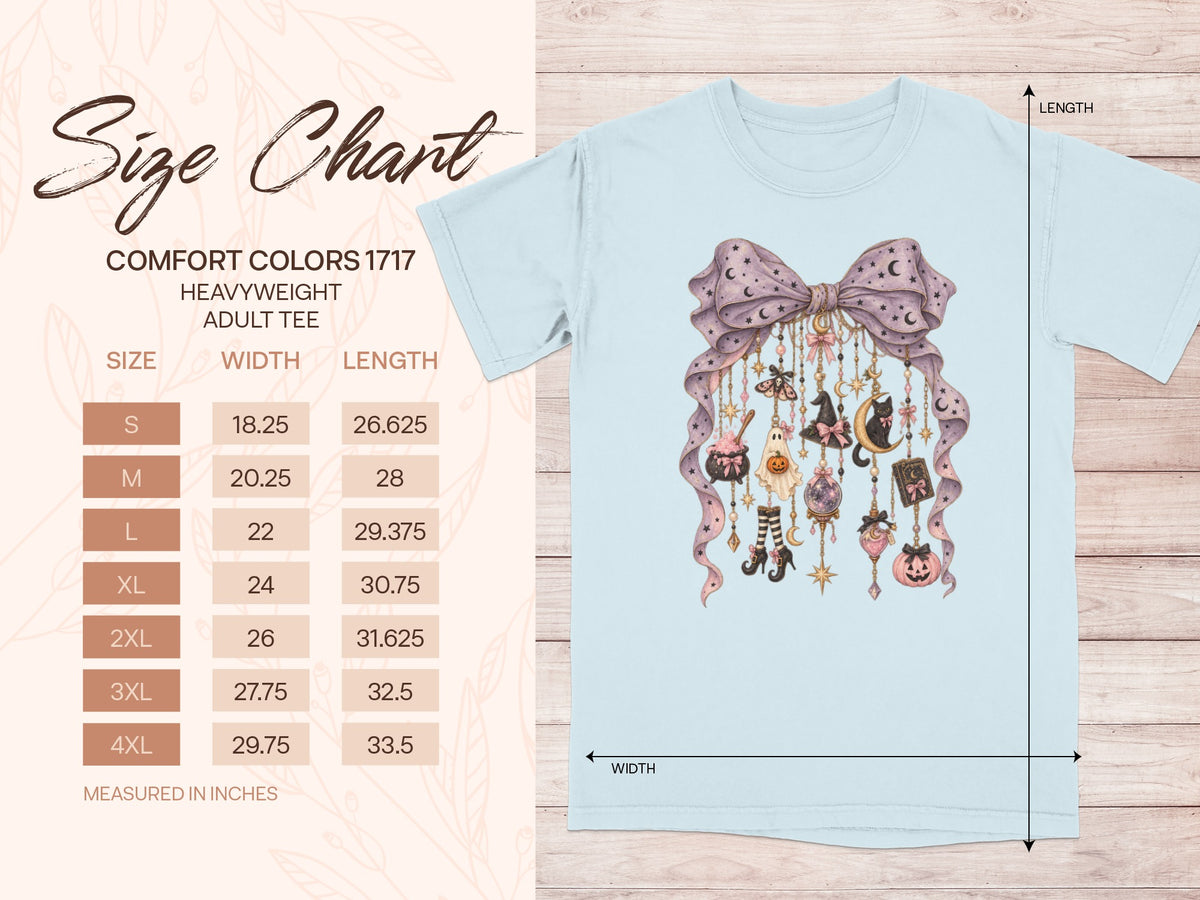 Comfort Colors 1717 heavyweight adult tee size chart with width and length measurements.
