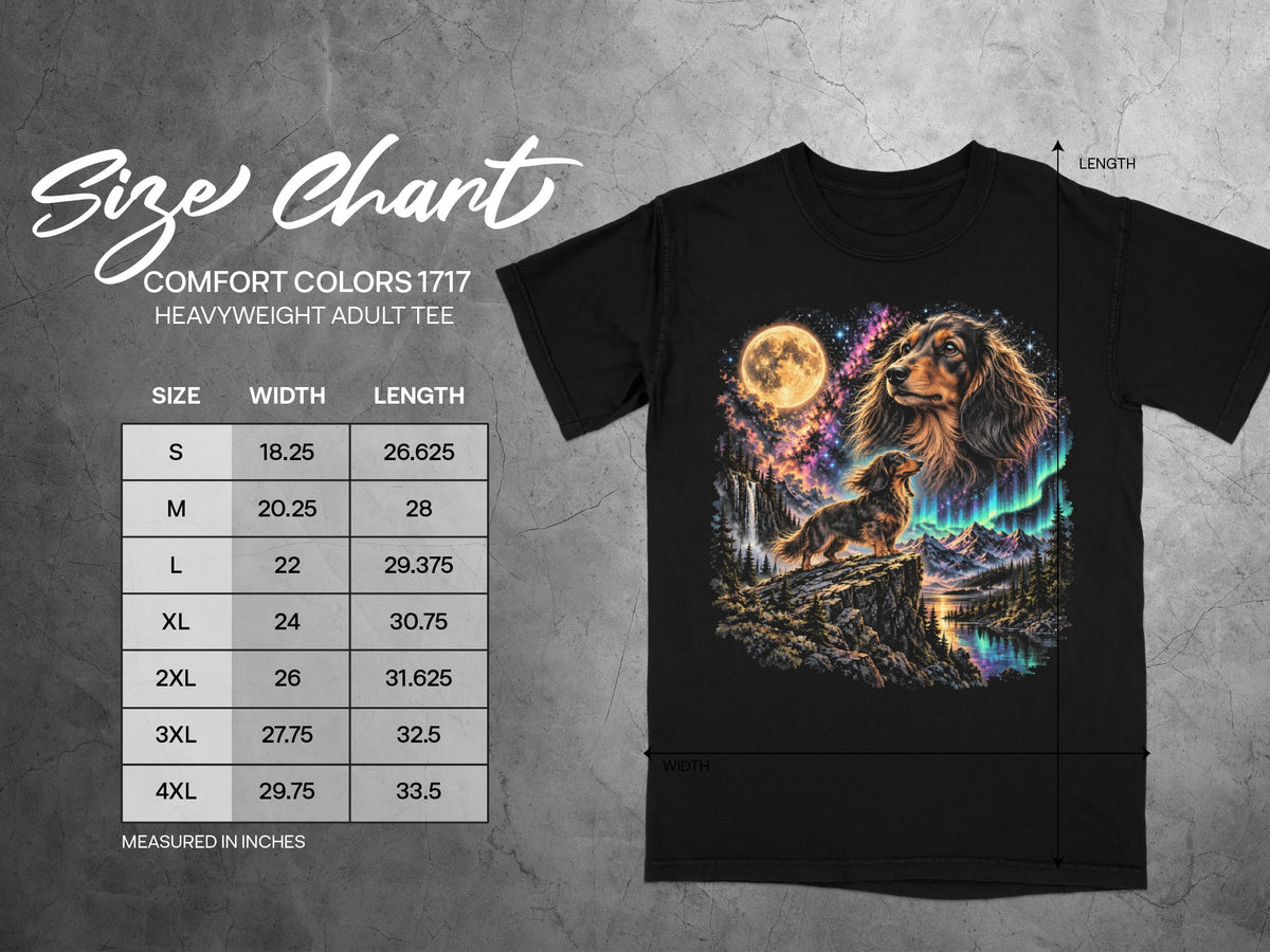 Black Comfort Colors 1717 t-shirt with dachshund graphic and size chart.
