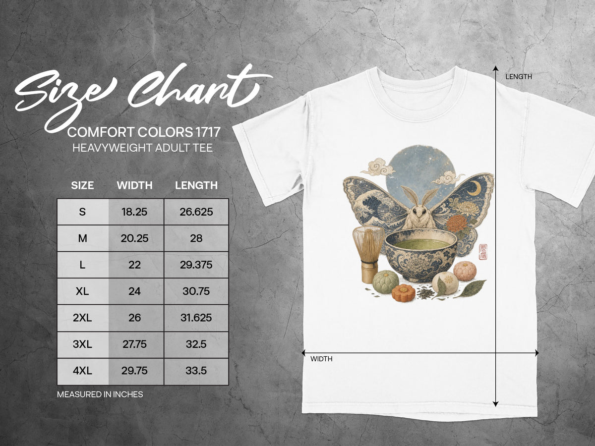 Comfort Colors 1717 heavyweight adult tee size chart with moth and tea ceremony graphic.