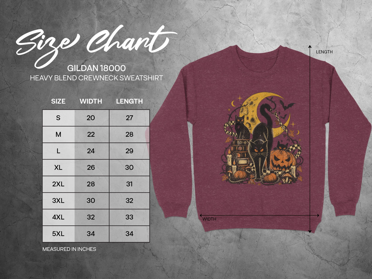 Gildan 18000 sweatshirt size chart with Halloween graphic of black cats and pumpkins.