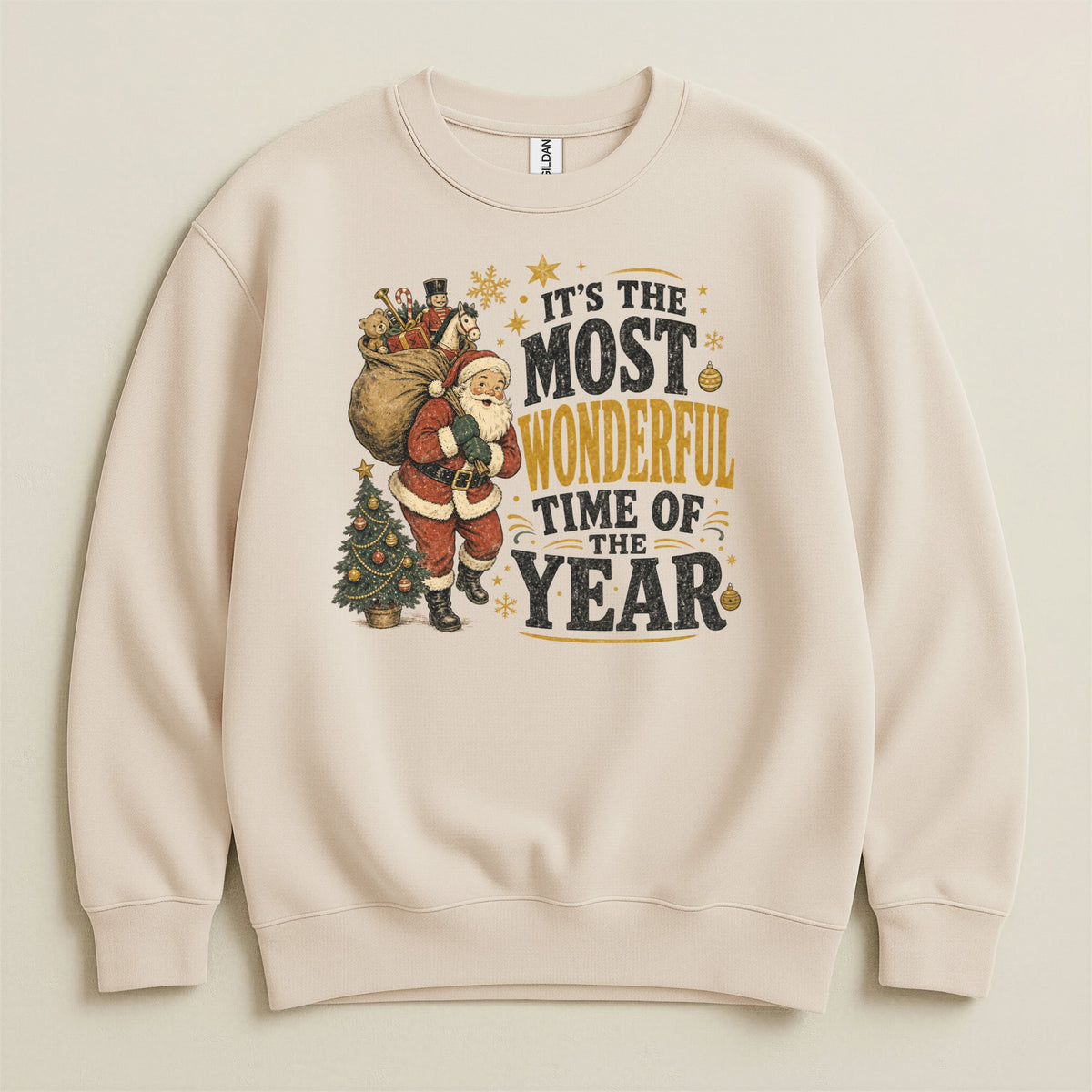 Cream sweatshirt with Santa, toy sack, Christmas tree, and "It's the Most Wonderful Time of the Year" text.