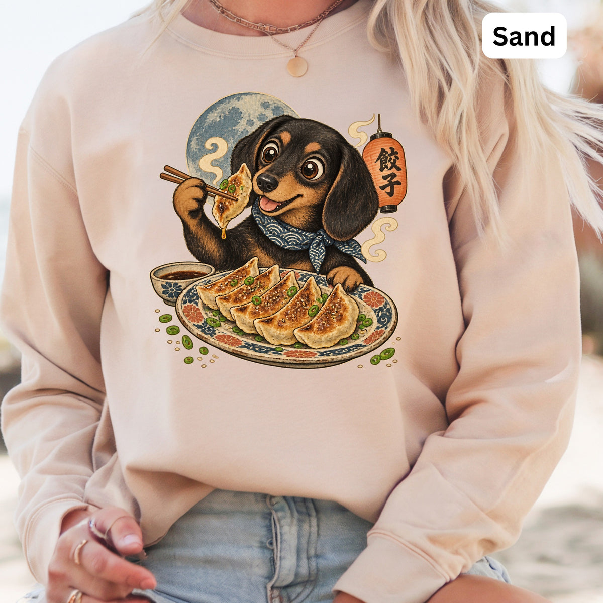 Dachshund eating gyoza with chopsticks, moon and lantern in background.