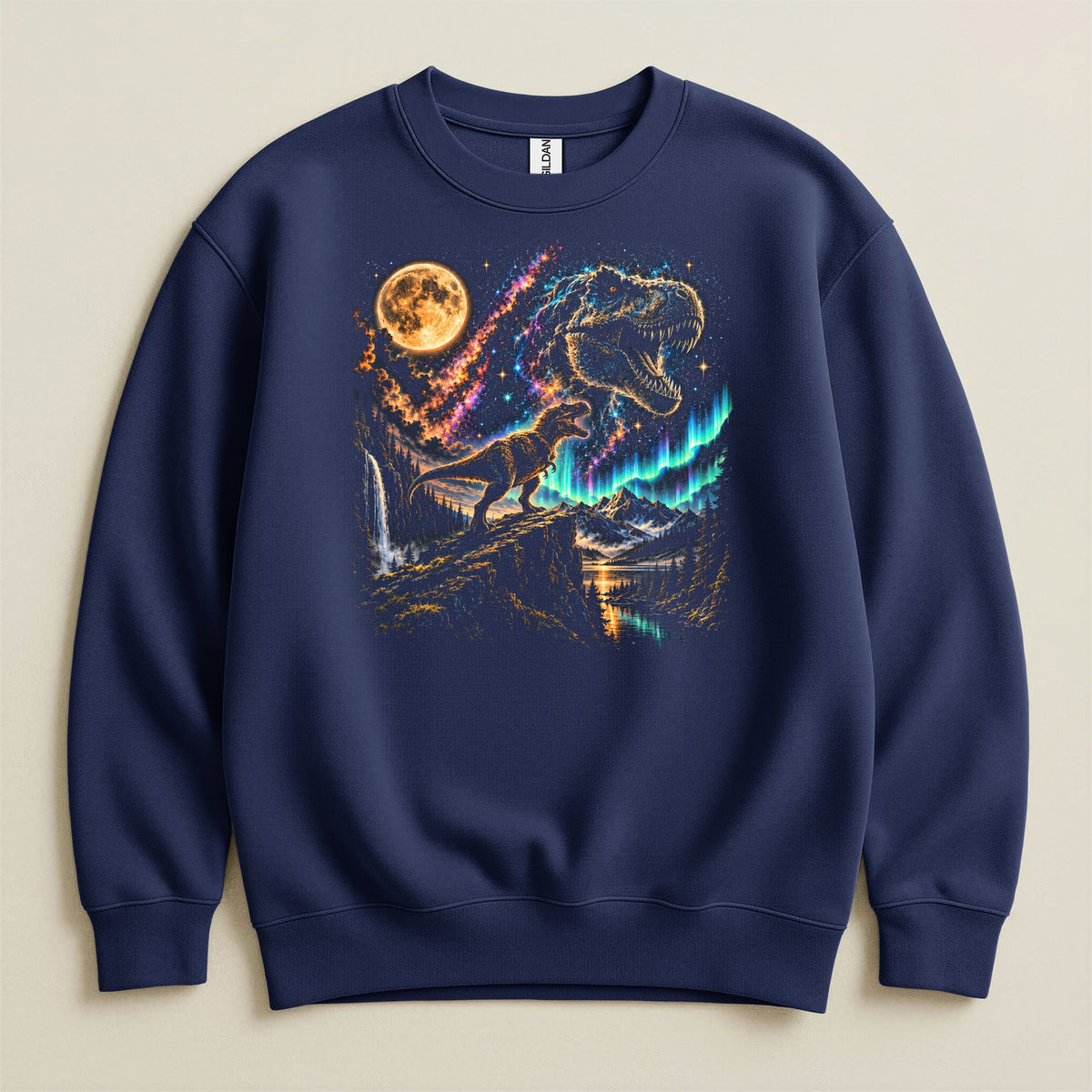 Navy sweatshirt featuring a T-Rex and a space-themed landscape with aurora borealis.