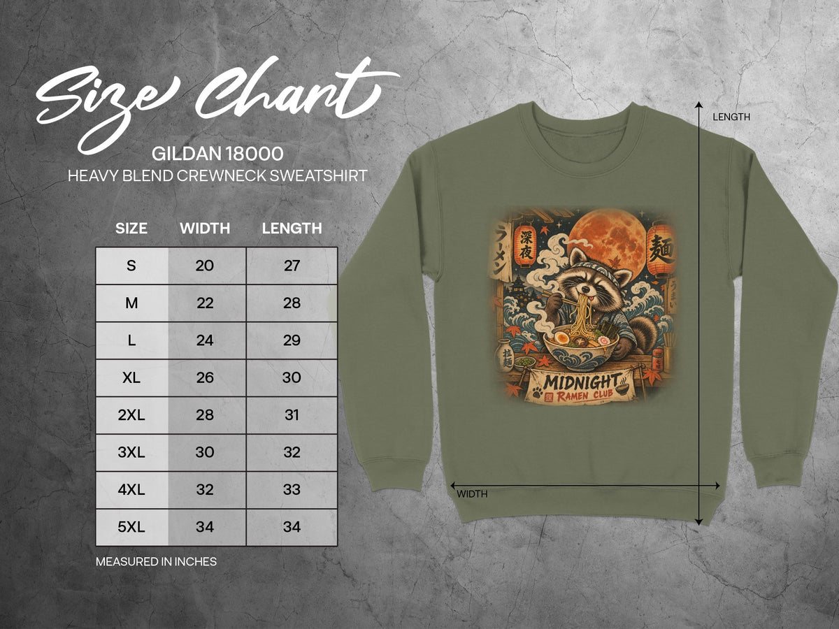 Gildan 18000 sweatshirt size chart with measurements in inches and graphic art.