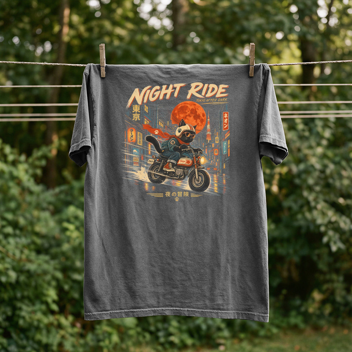 Gray t-shirt with "Night Ride Tokyo After Dark" graphic of a cat riding a motorcycle.