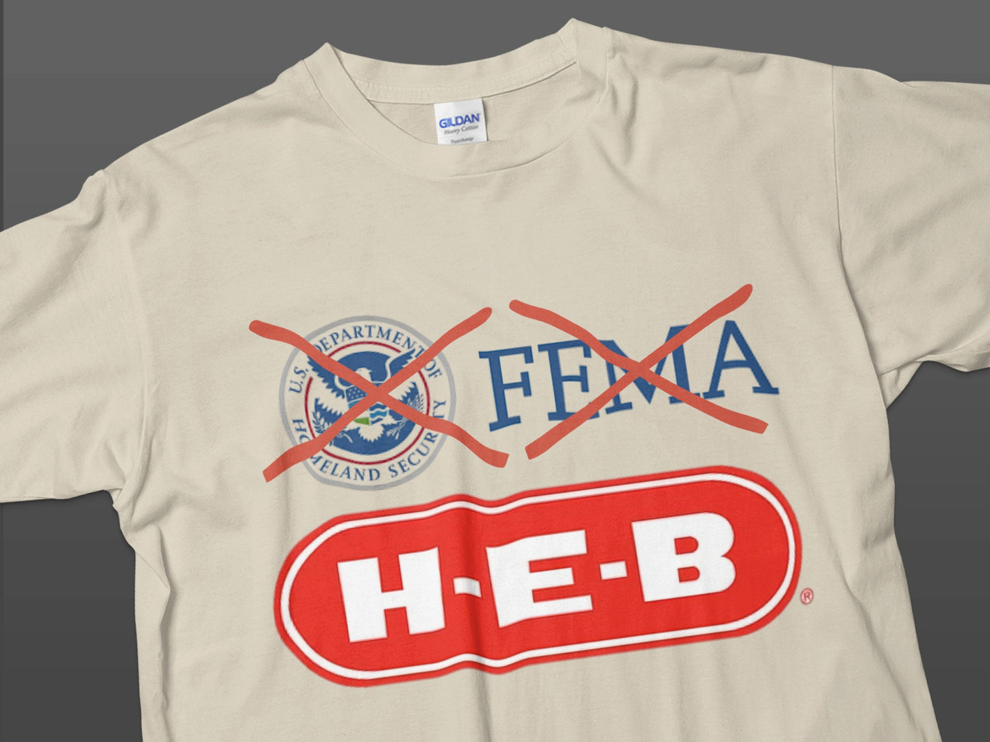 H-E-B themed shirt with FEMA crossed out product type