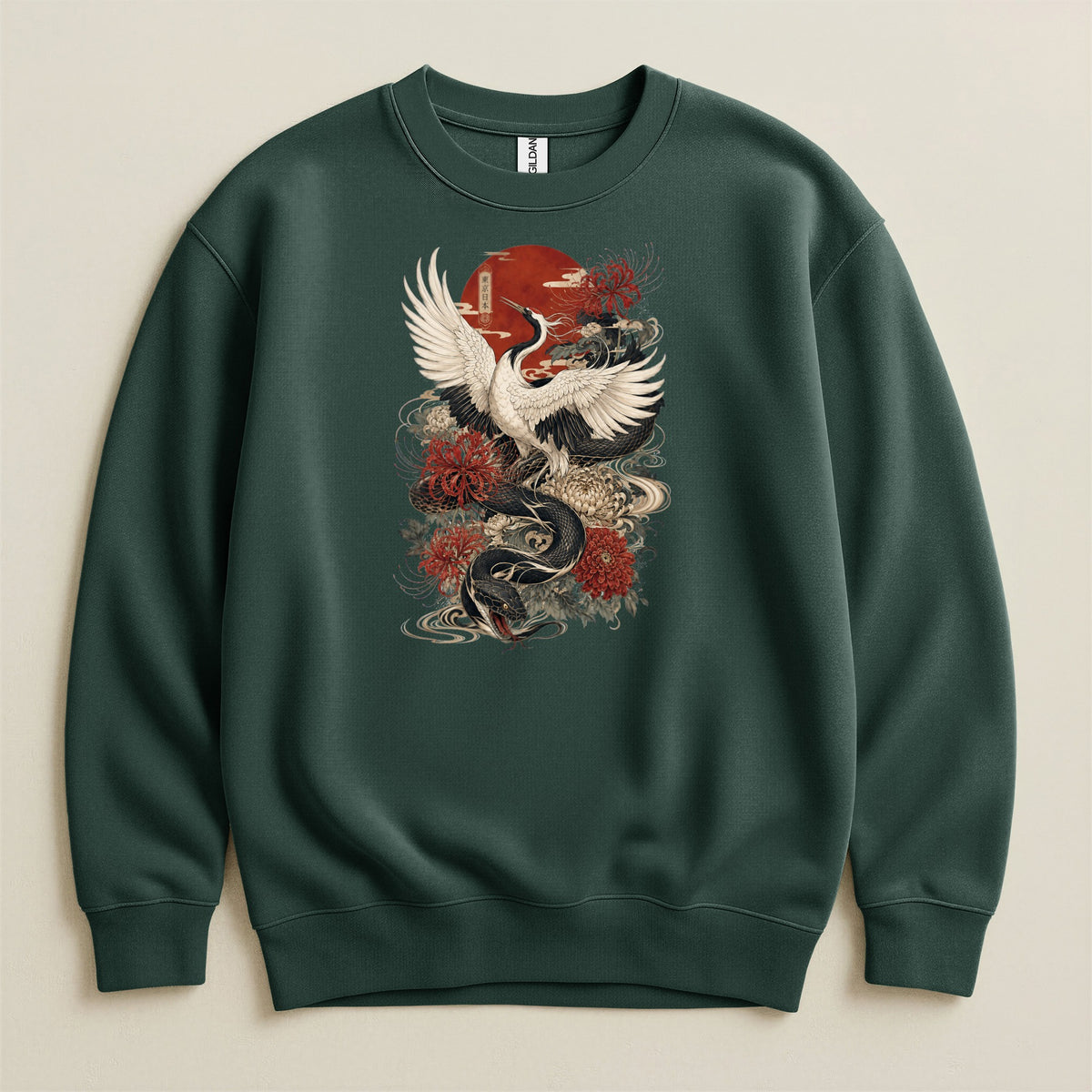 Green sweatshirt with a Japanese-inspired print of a crane, dragon, and flowers.