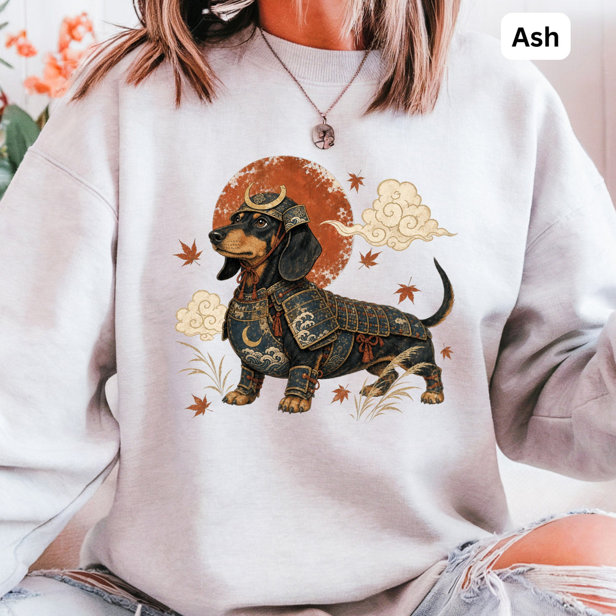 Dachshund in samurai armor with moon, clouds, and maple leaves.