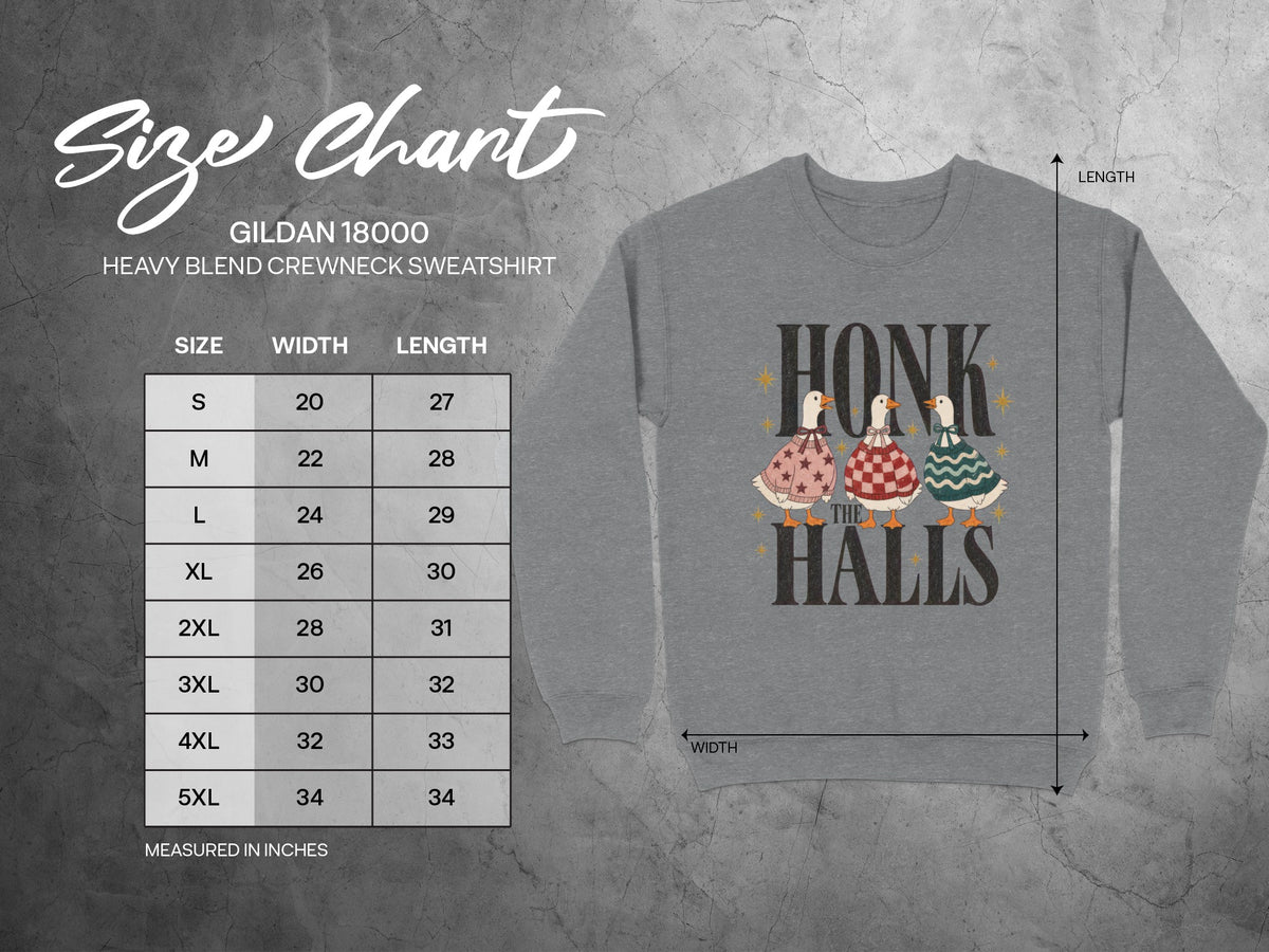Gildan 18000 Heavy Blend Crewneck sweatshirt size chart with measurements in inches.