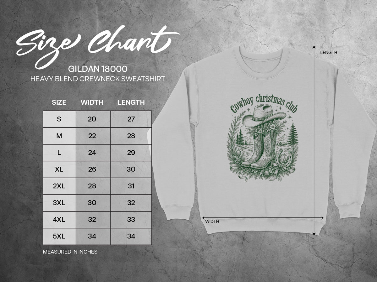 Gildan 18000 size chart for heavy blend crewneck sweatshirts with width and length measurements in inches.