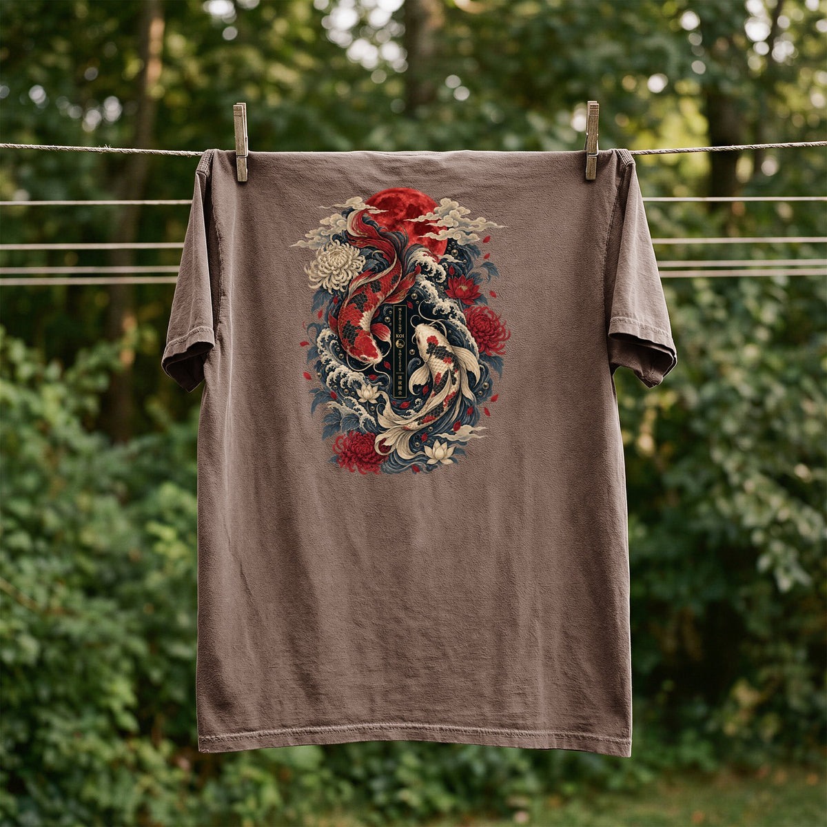 Brown t-shirt featuring a Japanese koi fish and chrysanthemum design with a red sun.