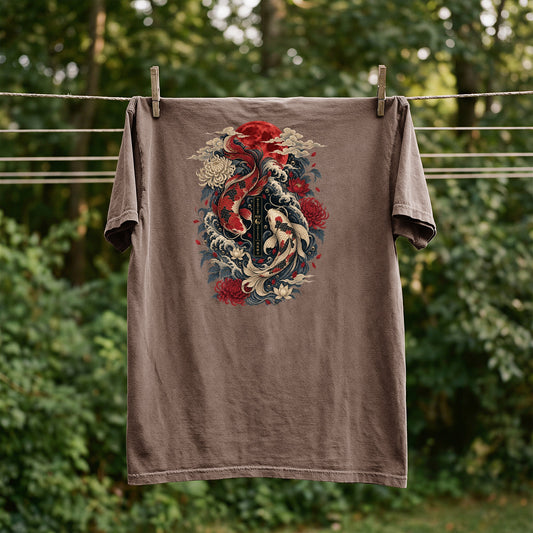 Brown t-shirt featuring a Japanese koi fish and chrysanthemum design with a red sun.