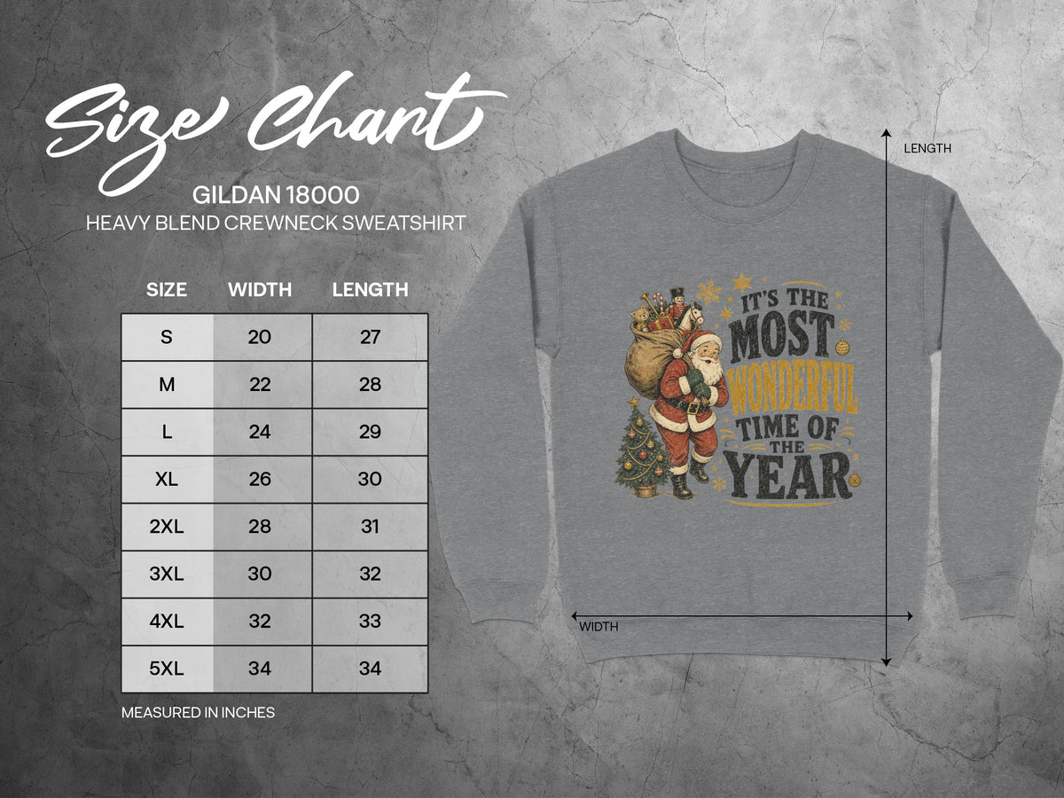 Gildan 18000 sweatshirt size chart with Christmas graphic.
