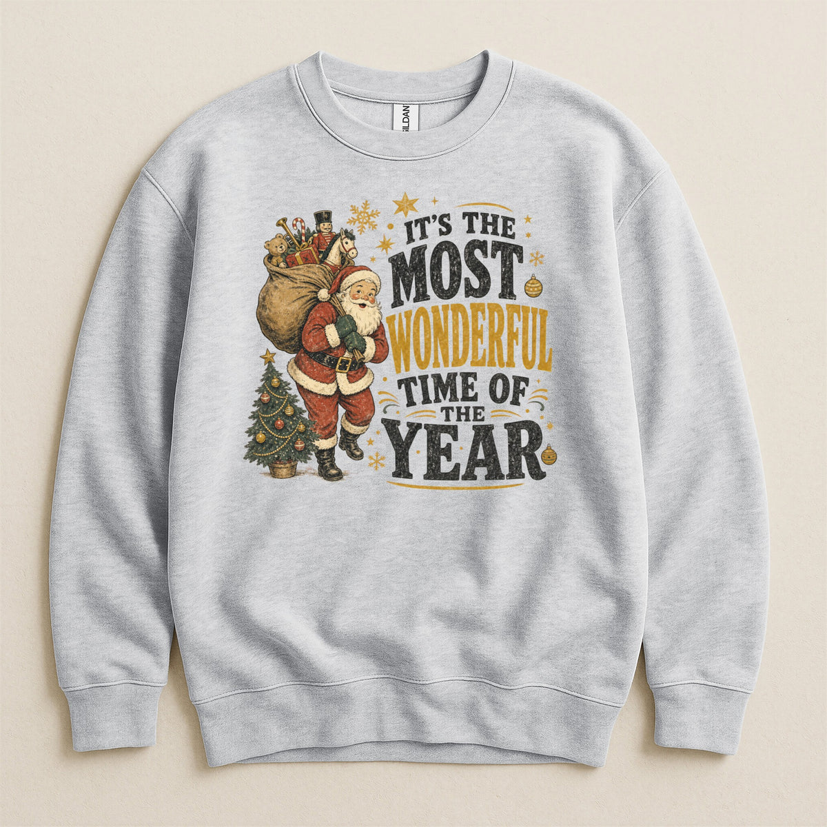 Grey sweatshirt with Santa, Christmas tree, and text "It's the Most Wonderful Time of the Year."