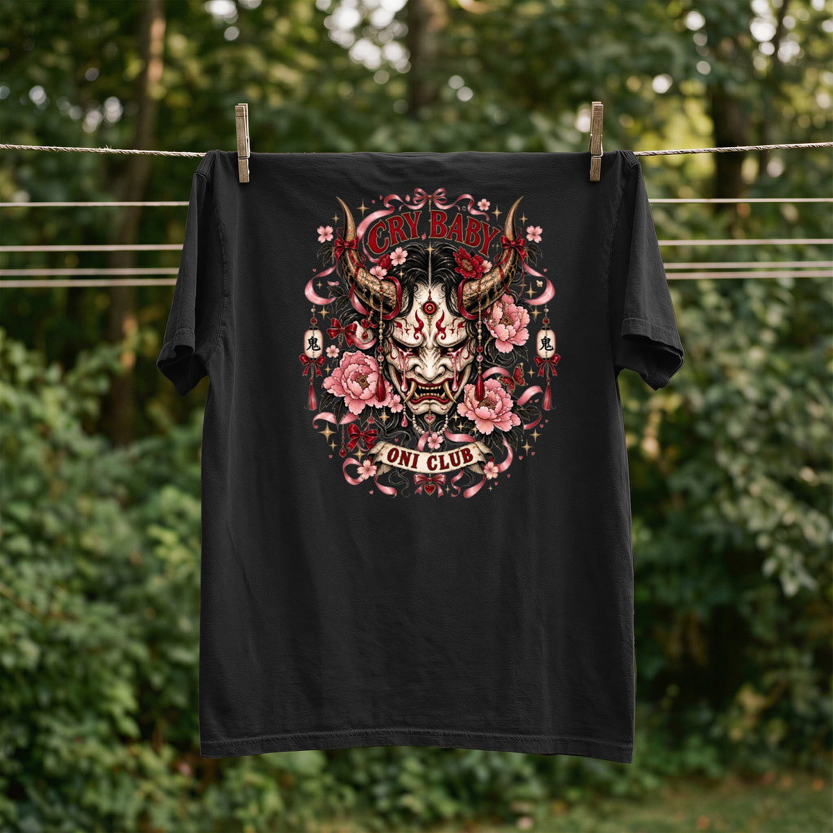 Black t-shirt with "Cry Baby Oni Club" and Japanese demon mask graphic.
