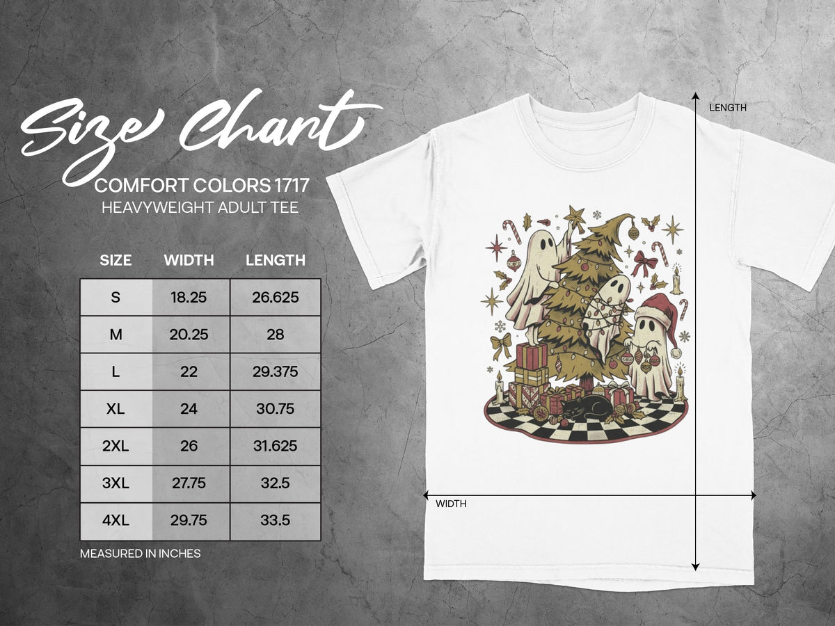 Comfort Colors 1717 heavyweight adult tee size chart with ghost Christmas graphic.