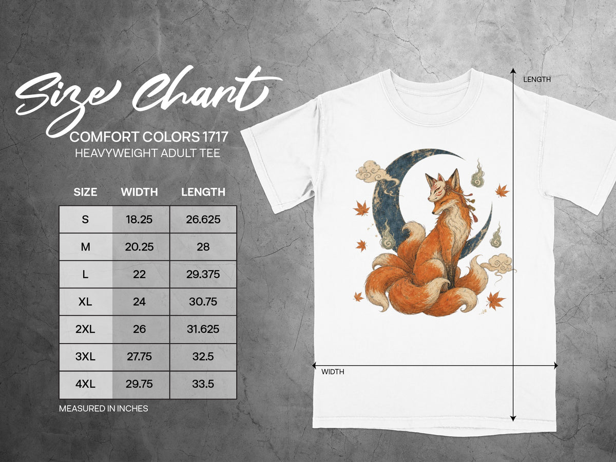 Comfort Colors 1717 heavyweight adult tee size chart with fox graphic.